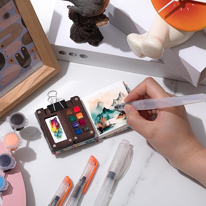 Qilery Mini Portable Watercolor Palette Set Wooden Grid Paint Box Watercolor Paper Sketch Book Brush Pens with Binder Clip for Painters Artist Not Include Paint(Red Flowers)