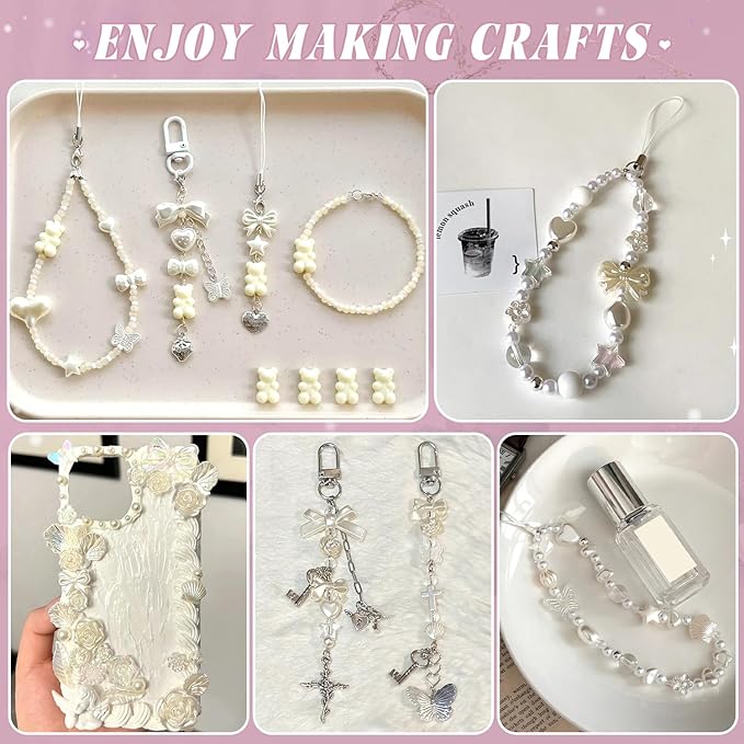 270-320pcs tinkrstuff assorted acrylic beads, mix abs imitation pearl cute beads for bracelet making, bow aesthetic flower butterfly kawaii charms for jewelry making diy necklace keychain phone charm