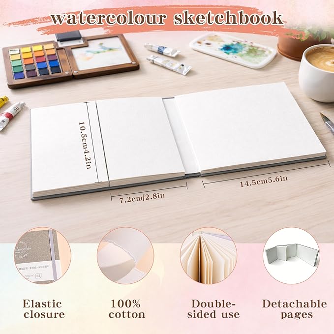 Mini Watercolor Paint Set - Mini Travel Watercolor Palette Set, Pocket Water Color Paint Palette Kit with 18 Colours, Sketchbook, Pens, Wooden Paints Box for Painters Artists