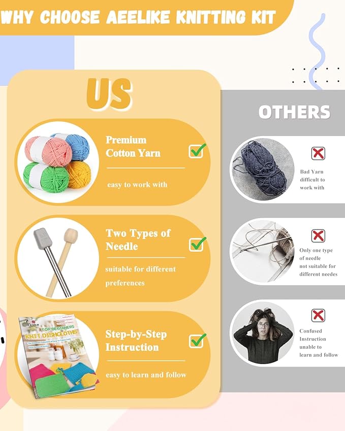 Aeelike Knitting Kit for Beginners, Complete Beginner Crochet Kit Easy Including Knitting Needles Set Cotton Yarn, Learn to Knit Dishcloth with Step-by-Step Instructions, Colorful