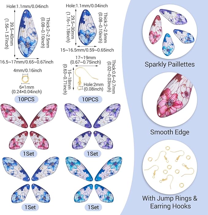 FASHEWELRY 16Pcs Resin Fairy Wing Earring Charms Pink Purple Blue Butterfly Wing Pendants Flower Print Feather Charms with Jump Rings Earrings Hooks for DIY Earring Jewelry Making