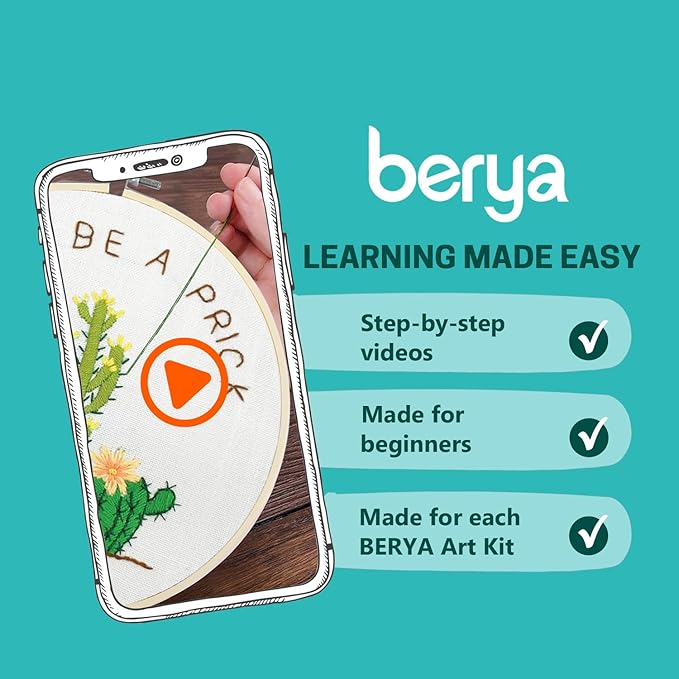 BERYA Cactus Embroidery Kit Including Video Step by Step Instructions Embroidery Hoop,Color Threads and Embroidery Scissors for Beginners-Handmade Needlepoint Kits for Adults