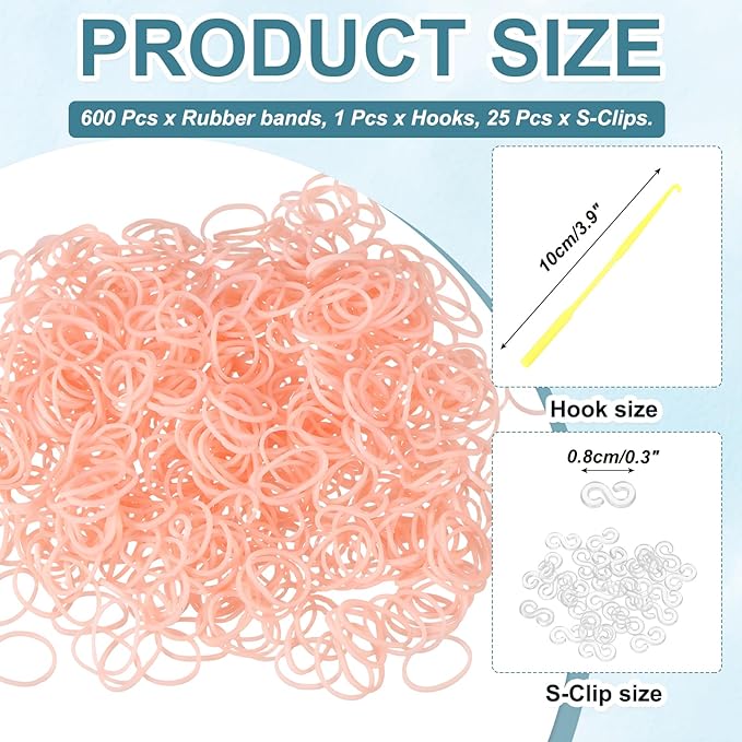 MECCANIXITY 600 Pcs Loom Rubber Bands Kit with 25 Pcs S-Clips 1-Hook Rubber Bands Refill Bracelet Making Kits for Weaving DIY Handcrafts Gift, Beige