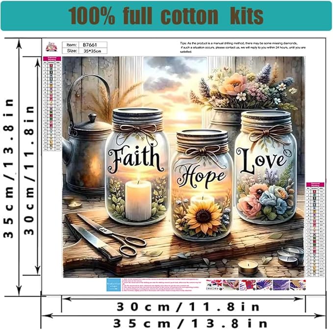 Stamped Cross Stitch Kits for Adults - Faith,Hope,Love Wishing Bottle Embroidery Kits for Beginners Adults,11 CT Patterns Dimensions Counted Cross Stitch Kits for Arts Craft Kits 13.7X 13.7 inch