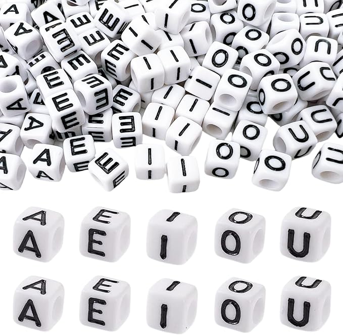 MIIIM 500pcs Vowel Pony Beads Letters for Keychains Making (A, E, I, O, U), 6x6mm Large Hole Vowel Square Letter Beads for Bracelets Making, Alphabets, Numbers (White and Black)
