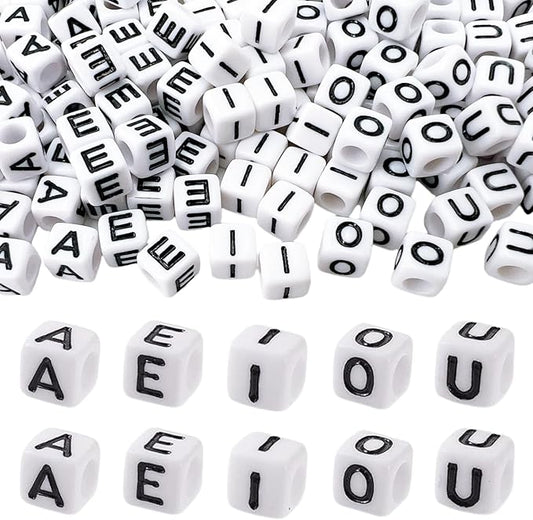 MIIIM 500pcs Vowel Pony Beads Letters for Keychains Making (A, E, I, O, U), 6x6mm Large Hole Vowel Square Letter Beads for Bracelets Making, Alphabets, Numbers (White and Black)