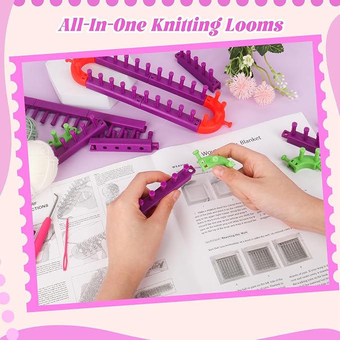 Katech Adjustable Knitting Looms Set -Customized Sizes for Your Project-Afghan Loom-Blanket Loom-Sock Scarf Loom-Hat Loom for Crocheting-Crochet Loom with Loom Knitting Book Hook Needle (All-in-one)