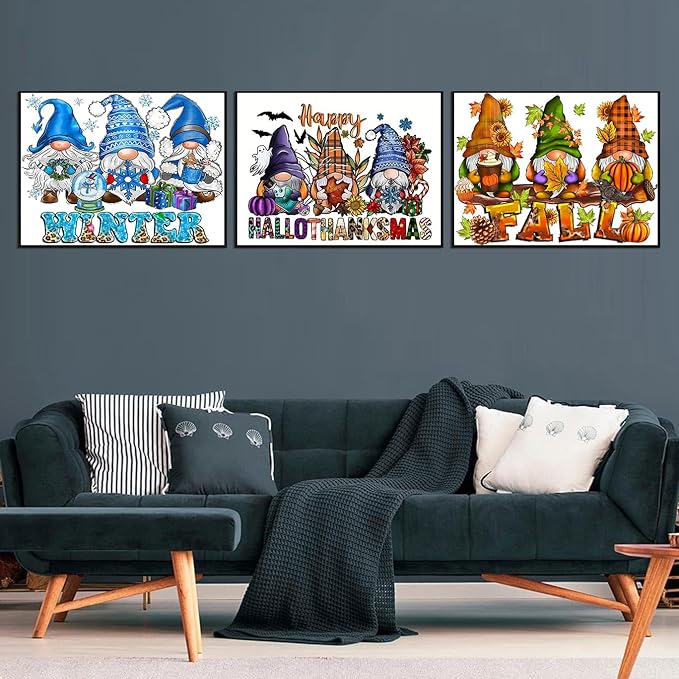Fall Winter and Halloween Diamond Art Kits for Adults, 3 Pack Gnomes Diamond Painting Kits for Adults, 5D DIY Round Full Drill Gem Art Paint by Diamonds Dots Crafts Kits for Home Decor Gift 16x12inch