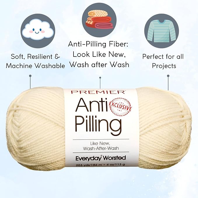 Premier Yarns Everyday Anti-Pilling Solid Cream DN100-2 (6-Skeins - Same Dye Lot) #4 Worsted Weight Acrylic Yarn for Crocheting and Knitting with Project Bag