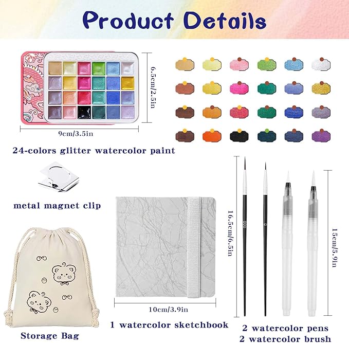 Mini Watercolor Paint Set - 24 Colors Glitter Travel Watercolor Set, Portable Metallic Water Color Paints Palette Box with Watercolor Book,Clips,Pens,Storage Bag for Painting Lovers and Artists