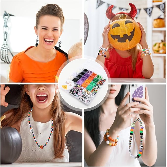 3010 Pieces Halloween Bracelet Making Kit, Assorted Halloween Bead Polymer Clay Beads Skull Beads Glasses Pearl Bead for Necklace Jewelry Making DIY Crafts