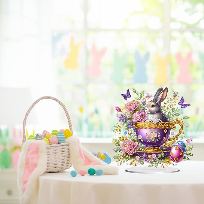 DIY Dot Diamond Desktop Easter Creative Ornaments Diamond Art Painting by Number Embroidery Arts and Crafts Easter for Home Office Garden Decoration (Single Side Dot Diamond)-#01-Teacup Bunny