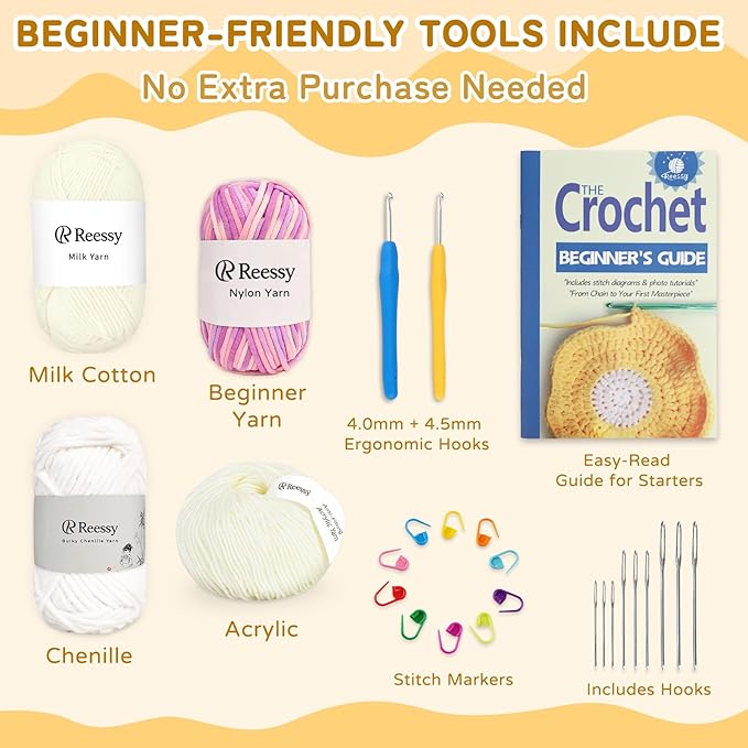 Reessy Crochet Yarn Kit for Beginners – 4 Yarns Sampler Pack (Acrylic, Cotton, Velvet Chenille, Beginner Yarn) with Hooks & Accessories – All-in-One Crochet Starter Kit for Beginners Adults (D)