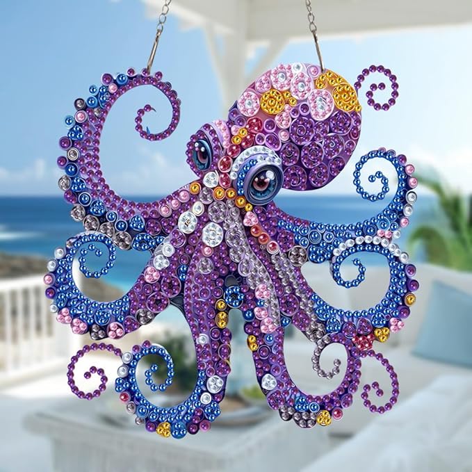 Muzagroo Art Diamond Art Kits for Adults, 5D Diamond Painting Kits for Beginners, DIY Special Shaped Diamonds Art Hanging Ornament for Windows 2 PCS Animals Diamond Pendant (Octopus)