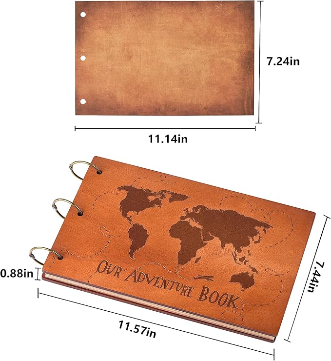 Our Adventure Book 3D Wooden Cover Scrapbook - 11.92 x 7.62" Timeless Memory Journal for Unforgettable Adventures & Precious Moments - Ideal for Anniversaries, Travel & Couple Gifts (3D Map Style)