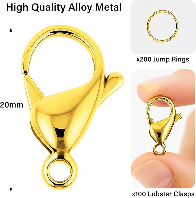 Mandala Crafts 20mm Gold Color Metal Lobster Clasps for Jewelry Making - 100 Lobster Claw Clasps with Jump Rings Jewelry Findings Kit for Necklaces Bracelets Charms Fasteners