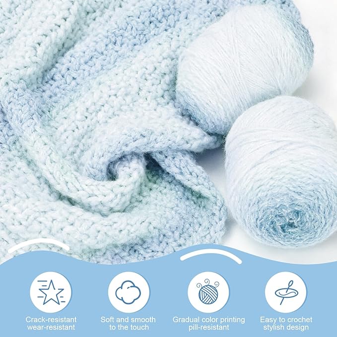 3 Pack Ombre Yarn for Crocheting, 80g/2.65oz Fluffy Soft Acrylic Gradient Yarn Cakes, #4mm Hook, Large Cloud Feel Yarn for Beginner Knitting, Star Blanket, Scarf, Shawl Garment DIY Crafts (Blue)