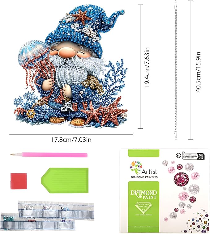 Lxmsja DIY Adorable Gnome Diamond Painting Hanging Ornament, Double-Sided Acrylic Jellyfish Diamond Art Kit, Special Shaped Suncatcher Hanging Pendant Window Art Kit 8x7 inch