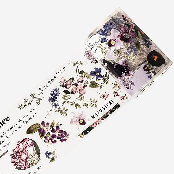 WT Pre-Cut Violet Veil Wide PET Tape, Single Roll, Soft Lilac Blossoms & Misty Backgrounds with Elegant Script, Transparent Decorative Tape for Journaling, Scrapbooking, Planner, DIY Crafts, 65mm x 5m