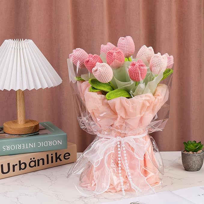 Iuuidu Crochet Kit for Beginners, Crochet Flower Bouquet Kit Pink, Beginner Crochet Kit for Adults, Crochet Flower Bouquet with Step-by-Step Video Tutorials for Birthday, DIY Craft Home Decor
