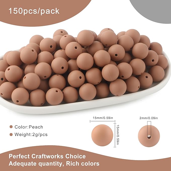 Silicone Beads, 150Pcs 15mm Round, Bulk for Keychain Making, Bracelet Making, Necklace Making, Camel