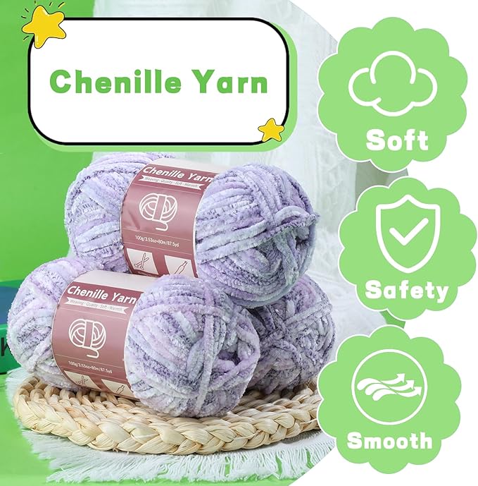 LUNARM Chenille Yarn for Crocheting Knitting, 3 Skein 10.58 oz / 263 Yard Thick Soft Chunky Fluffy Weaving Plush Yarn for Blankets Clothes Pattern with Big Eye Needles(Purple Gradient)
