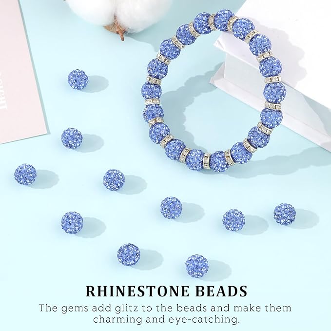 120pcs 10mm rhinestone beads for jewelry making, light blue shiny round shamballa disco ball beads bulk, sparkle crystal clay christmas for bracelet baseball necklace earring crafting and diy