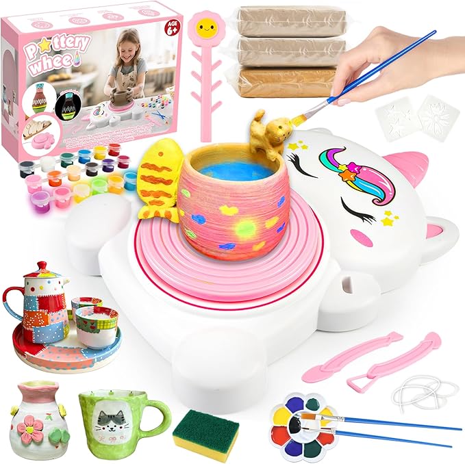 Pottery Wheel Kit for Kids with Glow Paints, Complete Pottery Arts Crafts Toys for Girls 8-12, Art Supplies for Kids 6 7 8 9 10 11 12 Toys Girls Birthday with Drawing Molds Tablecloth Air Dry Clay