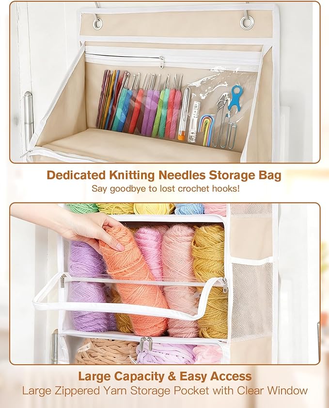 Hanging Yarn Storage Organizer, Large Capacity Over the Door Yarn Organizer with 6 Clear Zipper Pockets 10 Mesh Side Bags, Hanging Yarn Holder Knitting Storage Bag for Crochet Hooks, Beige