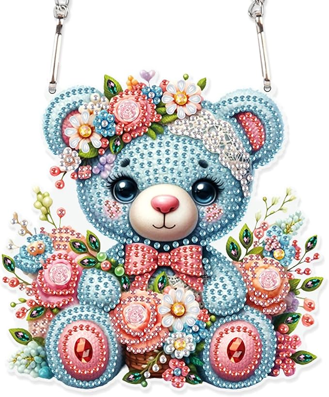 DIY 5D Diamond Painting Hanging Kit Blue Bear Doll Pattern, Sparkling Diamond Art Kit for Adults, Diamond Art Pendant Ornament Craft for Wall, Door, Home and Garden Decor