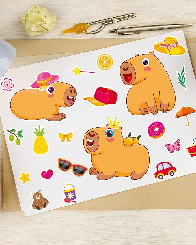 aowplc capybara make-a-face stickers, 32 sheets for kids’ crafts, fun capybara party favors & birthday decorations
