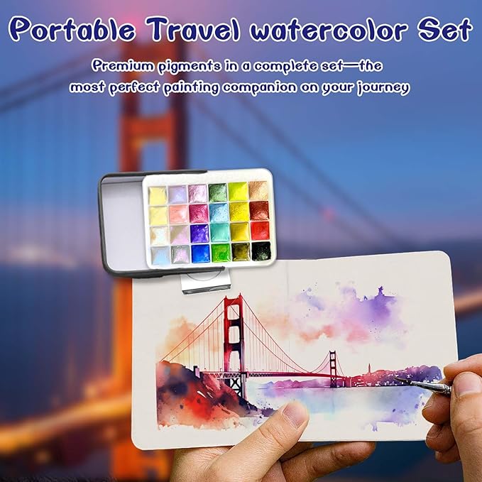 Mini Watercolor Paint Set - 24 Colors Glitter Travel Watercolor Set, Portable Metallic Water Color Paints Palette Box with Watercolor Book,Clips,Pens,Storage Bag for Painting Lovers and Artists