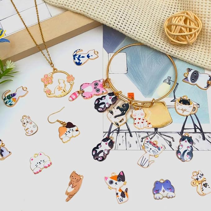 WOCRAFT 120pc Assorted Enamel Bracelet Cat Charms for Jewelry Making Crafts DIY Necklace Bracelet Keychain Crafting Charms Kit (SN815)