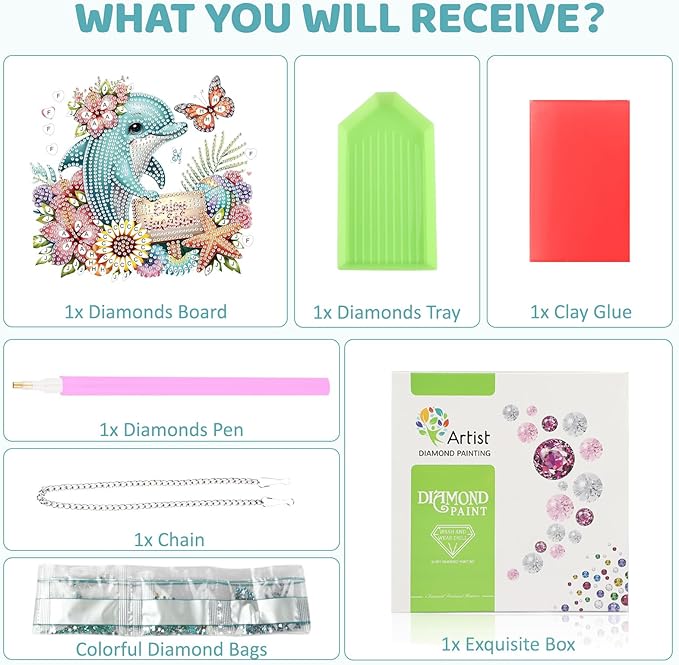 MEIYUDA Dolphins Diamond Art Hanging Kits for Adult, Flowers Dolphins Diamond Painting Hanging Kits Ornaments, DIY Special Shaped Rhinestone Window Pendants Kit for Home Garden Wall Decor Gift