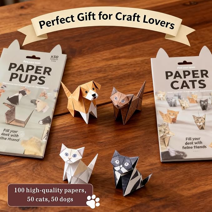 100 Sheets 3D Cat Origami Kit - DIY Foldable Paper Animals, Desk Decor & Craft Gift for Cat Lovers, Adults & Teens