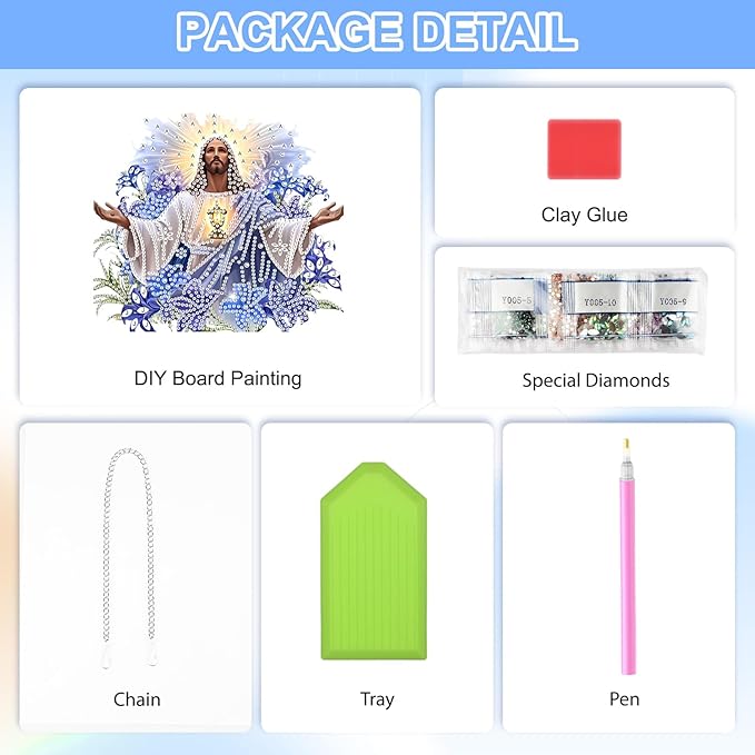 QENSPE Jesus Hanging Diamond Art with Chain, 5D Special Shape Flowers Diamond Paingting Ornaments Kits, Easy DIY Crystal Pendant Gem Art for Home Garden Wall Decor 8X8 inch