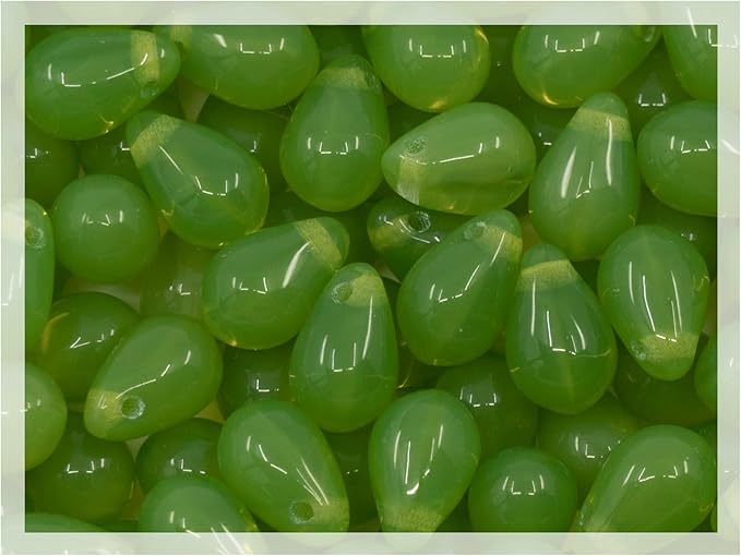 Czech 50-Piece Glass Beads, 6x9mm, Teardrop Opal Green Grass