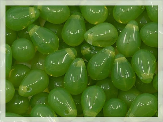 Czech 50-Piece Glass Beads, 6x9mm, Teardrop Opal Green Grass