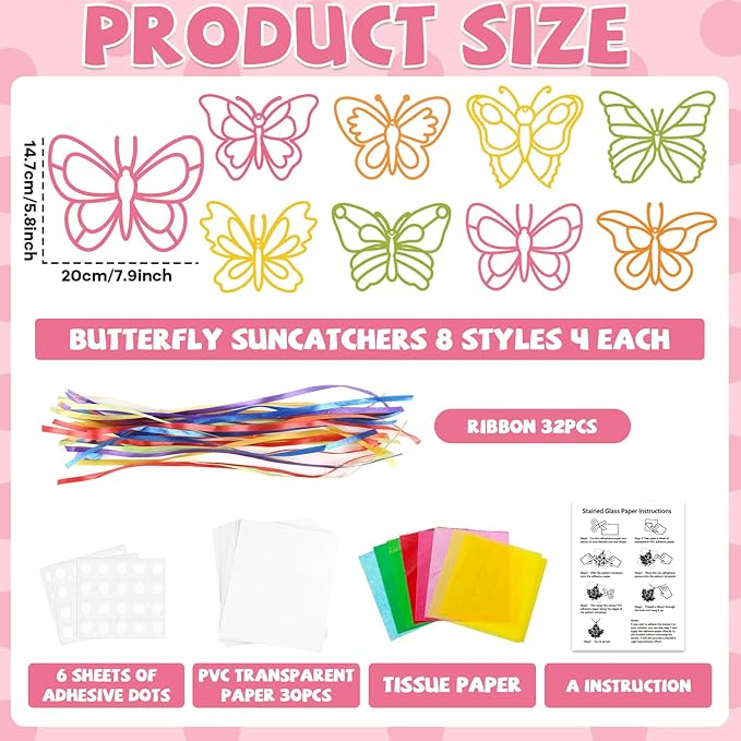 32 Sets Spring Butterfly Suncatchers Craft Kit DIY Window Stained Glass Effect Colorful Butterfly Paper Crafts Home School Classroom Decoration Birthday Gift Creative Art Project & Activity Game