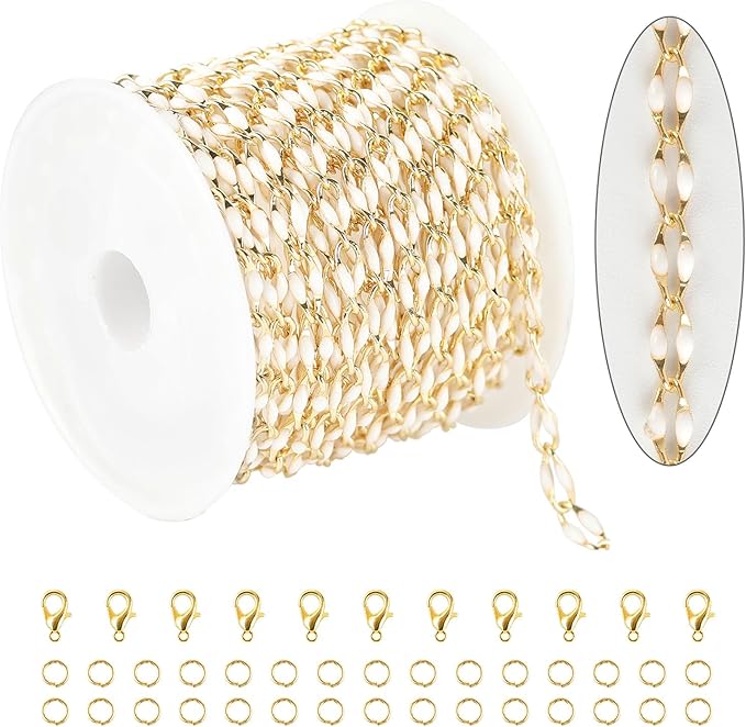 KYUNHOO 13 Feet/4M White Oil Drip Chain for Jewelry Making Twist Lip Chain Roll Gold Plated Brass Jewelry Link for Necklace Bracelet Earring DIY Finding Supplies