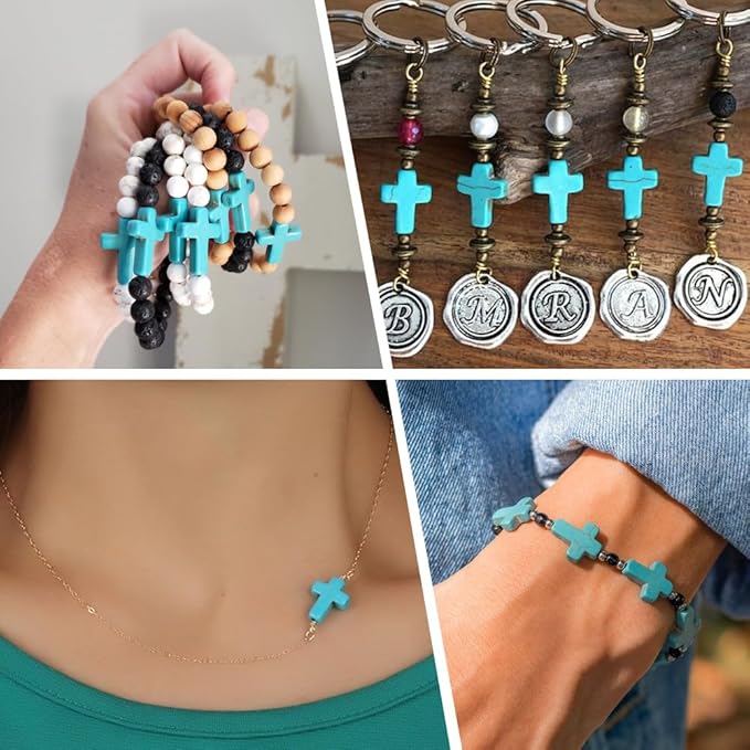 SUNNYCLUE 90Pcs 3 Sizes Mini Blue Turquoise Cross Beads 10/16/25mm for Jewelry Making Supplies