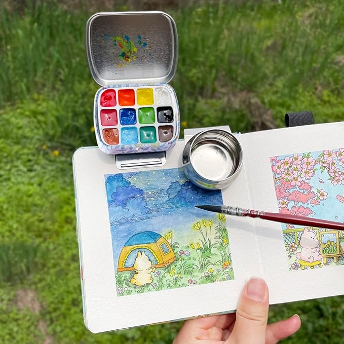 Portable Mini Tin Box 12-Well Empty Watercolor Palette Paint Mixing Tray is a Small Storage Travel Kit with Magnetic Clip and Oil Pot,Making it Perfect for Outdoor Sketching and DIY Painting.Fruit