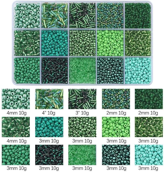 Mix 15 Color Glass Seed Tube Beads Glass Bugle Beads Loose Kit for Jewelry Making DIY Craft Beading (Mix 15 Color, Green)