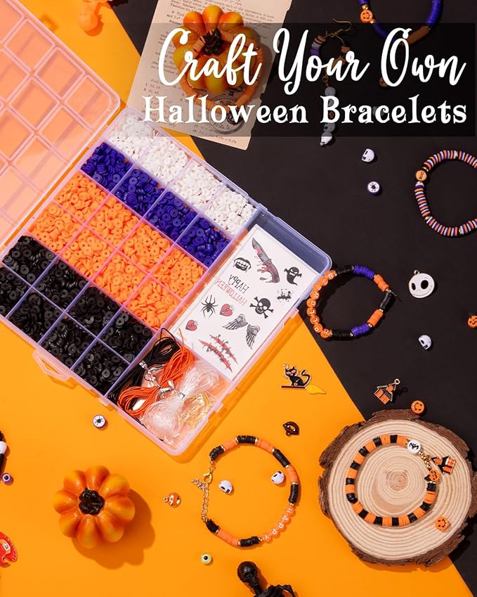 Goldwise Halloween Jewelry Making Bead Kit – 2 Storage Boxes with Clay Beads, Orange A–Z Letter Beads and Halloween Charms, DIY Bracelet & Jewelry Making Supplies