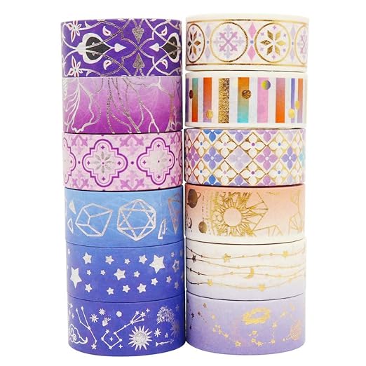YUBBAEX Galaxy Washi Tape Set Purple Stars Decorative Tapes Silver Gold Foil Masking for Arts, DIY Crafts, Journal Supplies, Planners, Scrapbook, Gift Wrapping (Purple Night 12 Rolls)