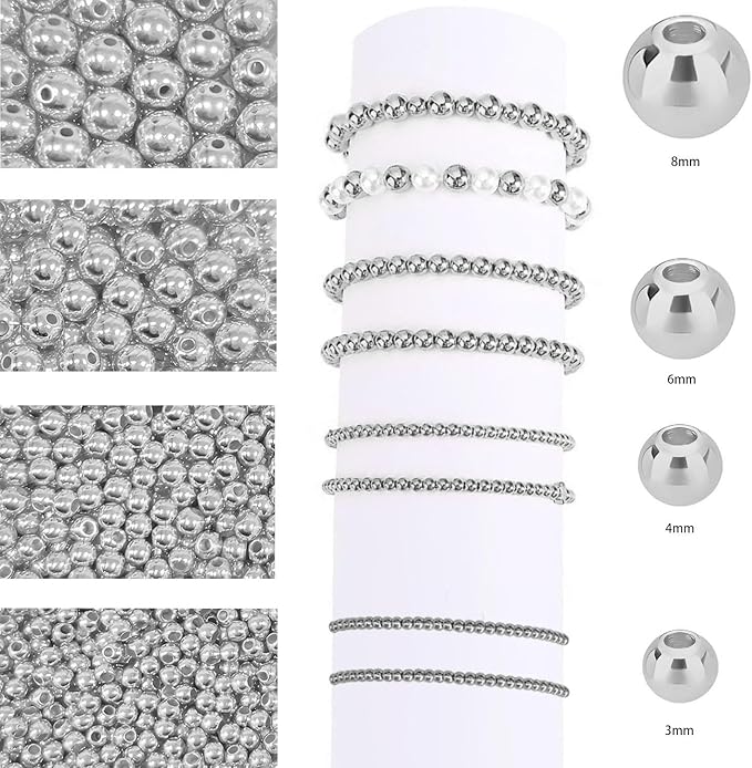 3360pcs Gold & Silver Round Spacer Beads 3/4/6/8mm 4 Size Smooth Ball Beads for Jewelry Making Metal Circle Bead for Bracelet Necklace Earring Making Supply