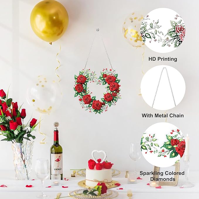 Valentine's Day Diamond Art Hanging Ornaments Kits for Adults, Roses Diamond Painting Pendant Kits, DIY Acrylic 5D Special Shaped Crystal Gem Art Painting Ornament for Home Wall Decor Gift 8x8 Inch