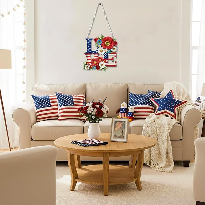 CEOVR Independence Day Hanging Diamond Art, American Flag Diamond Painting Pendant for Adults DIY Gem Art Wall Ornament, Acrylic Home Garden Decor with Chain, Box Kit 7.36×7.87inch