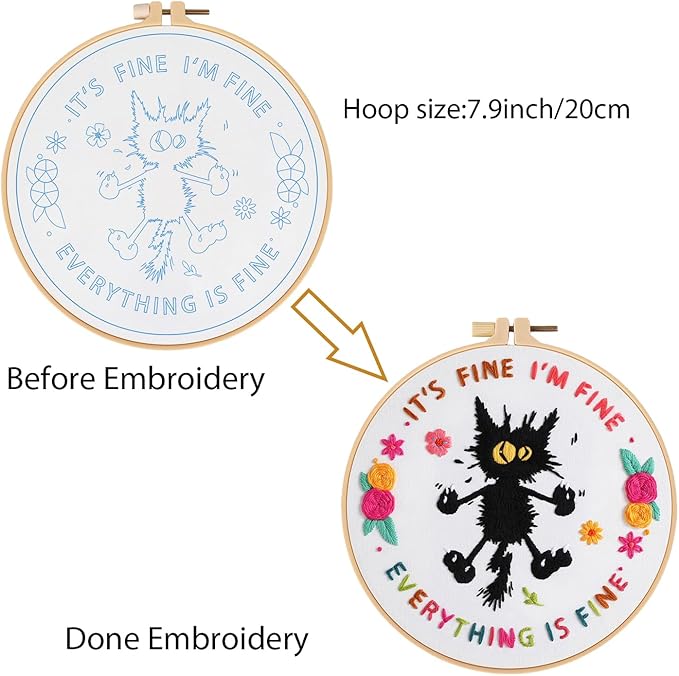 Louise Maelys Cute Cat Embroidery Kits for Beginners,Adults Starter Cross Stitch Kit with Funny Animal Pattern,DIY Needlepoint Everything is Fine