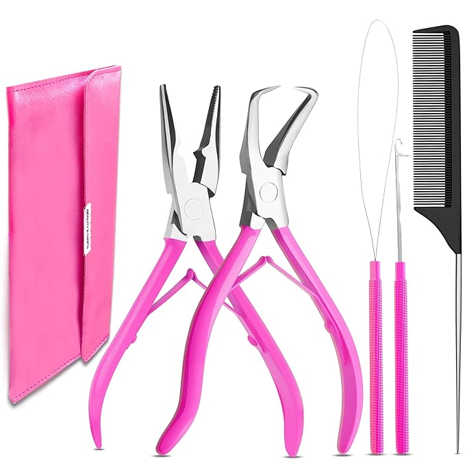 Beauty & Crafts Hair Extension Tools- Stainless Steel Pliers Set for Micro Beads- 1 Crochet Needle 1 Pulling Hook with Tail Comb- Micro Links Tool Kit with Leather Pouch- (Pink)